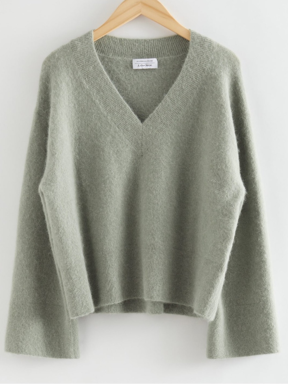 & Other Stories Soft V-Neck Fuzzy Sweater in Sage size M